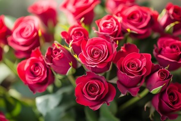 Obraz premium Close-up of a bouquet of vibrant red roses. Lush, deep red petals, tightly clustered, creating a romantic and passionate display. Soft focus highlights the individual blooms and the delicate stems