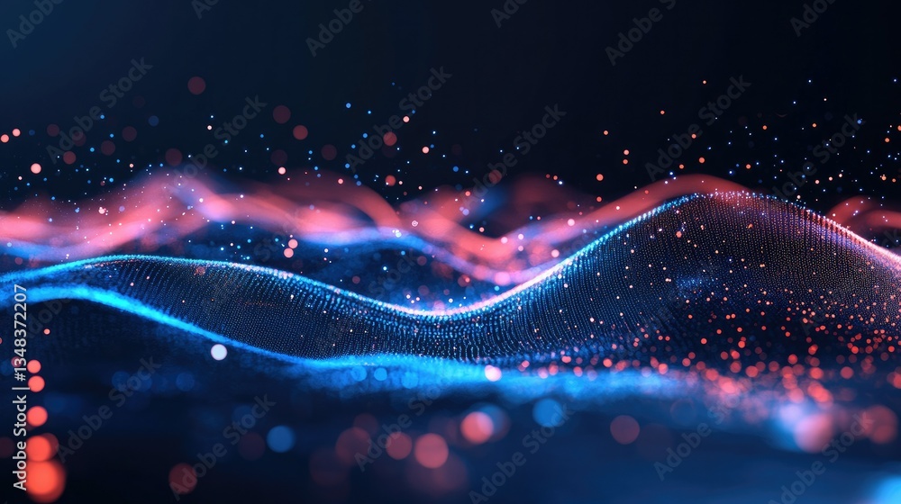 Poster abstract digital data flow with glowing light particles in dark space, creating a high-tech, modern 