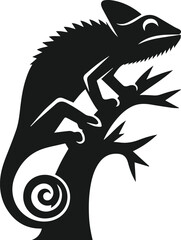 vector illustration of a silhouette of a chameleon climbing up a tree trunk