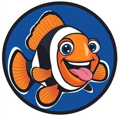 A smiling cartoon orange fish with white stripes inside of a circle