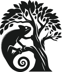 silhouette of a chameleon climbing up a tree trunk © MstSumi