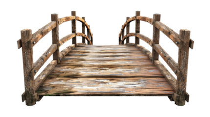 old wooden foot bridge isolated on transparent white background, clipping path