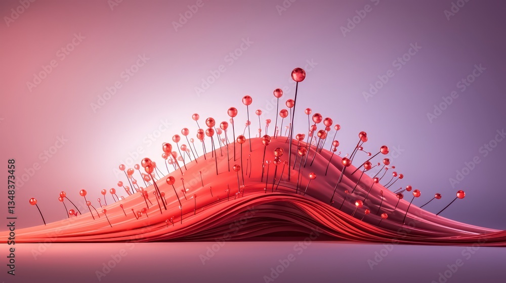 Poster abstract red 3d render spheres on waves location pins design element