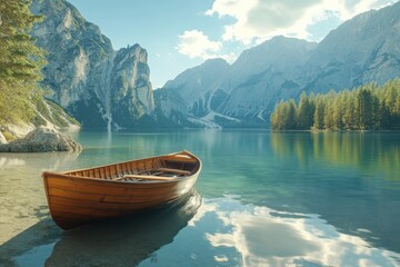 Obraz premium Tranquil wooden boat resting on serene waters as sunlight bathes majestic mountains in early morning