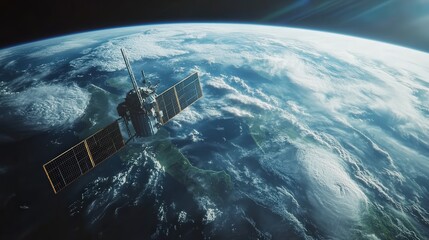 A satellite orbiting Earth in outer space against a dark background