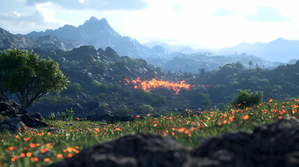 Lush Green Mountain Landscape with Orange Flowers Illuminated by Sunlight during Daytime