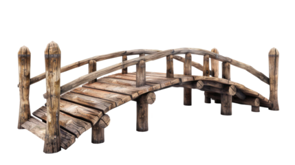 old wooden foot bridge isolated on transparent white background, clipping path