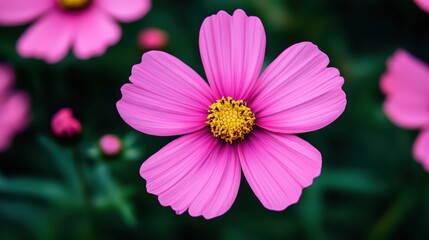 Fototapeta premium A vibrant pink cosmos flower showcases its delicate petals and yellow center in a lush garden setting. The sunlit environment enhances the flower's vivid colors and textures