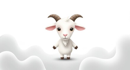 Fototapeta premium Cute Cartoon White Goat in Fluffy Clouds