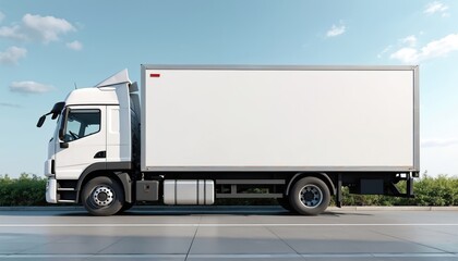 White delivery truck side view with copy space for advertising. Cargo truck on road. Delivery service company vehicle. Transportation business template. Shipping, logistic concept.