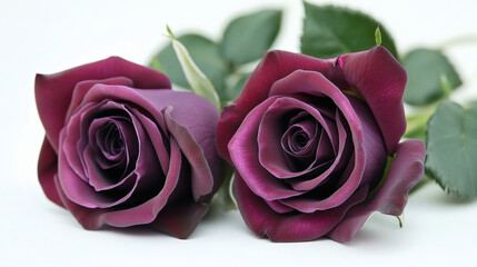 Fototapeta premium Close up of Two Dark Purple Roses with Green Leaves on a White Background in a Still Life Arrangement