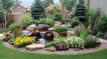 Obraz premium 14.A picturesque home garden with a small water feature surrounded by lush plants, bushes, and carefully placed rocks. The landscaping highlights a perfect blend of natural elements, with flowers and