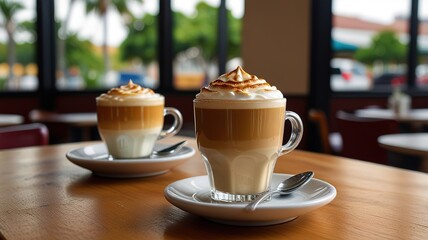 Hot latte coffee put on table in cafe restaurant drink breakfast in the morning day