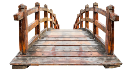 old wooden foot bridge isolated on transparent white background, clipping path