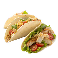 Three Tacos with Chicken, Lettuce, Tomato, and Cheese on Isolated transparent background