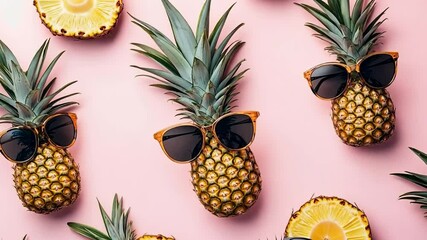 Ripe pineapples wearing sunglasses are displayed on a vibrant pink background, creating a fun and summery vibe
