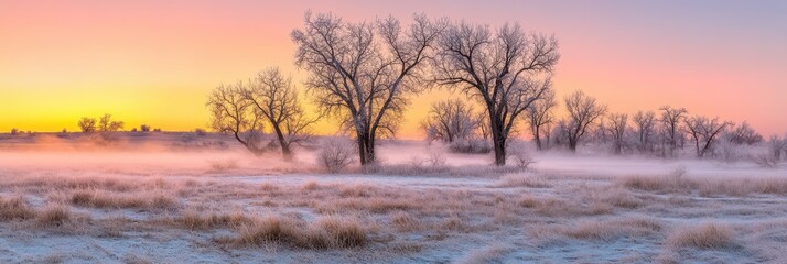 Obraz premium Soft hues of dawn fill the sky as frost clings to bare trees in a tranquil landscape. Mist hangs over the grass, creating an ethereal atmosphere in early morning light