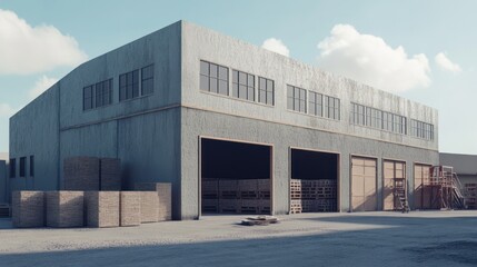 Fototapeta premium Industrial Warehouse Exterior: Daytime view of a large industrial warehouse with loading docks and stacked wooden pallets.