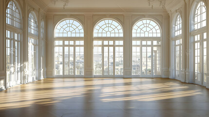 Fototapeta premium Spacious White Room With Large Windows And City View