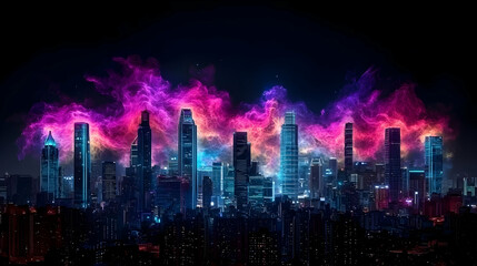Obraz premium Panoramic Nighttime City Skyline With Illuminated Skyscrapers Vibrant Blue And Purple Hues Glowing Against A Dark Sky