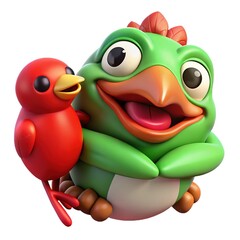 Obraz premium Cute 3D Cartoon Frog-Chicken Hybrid with a Happy Red Bird, Adorable and Playful Character Design, Whimsical and Fun, Joyful Expression, Lovable Animals, High-Quality Digital Render