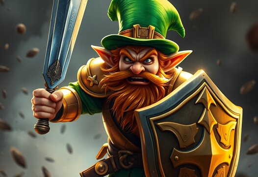 Angry Leprechaun Warrior Charging With Sword and Shield Ready for Battle