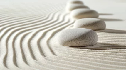 Photo sur Plexiglas 33.A peaceful Zen garden with large, smooth stones arranged in a row pattern, their clean lines creating a harmonious balance with the surrounding sand. The raked sand forms soft, undulating lines,