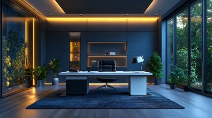 Modern executive office at night, overlooking garden, for corporate use