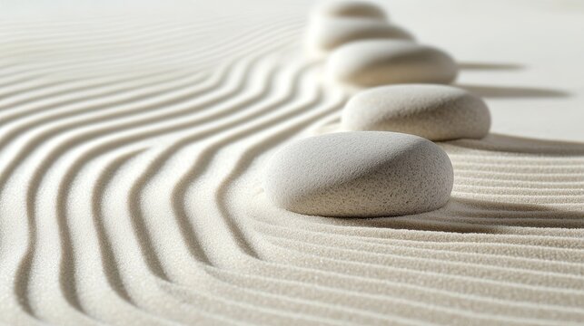 33.A peaceful Zen garden with large, smooth stones arranged in a row pattern, their clean lines creating a harmonious balance with the surrounding sand. The raked sand forms soft, undulating lines,