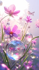 Digital technology flowers grass and butterflies art installation illustration poster background