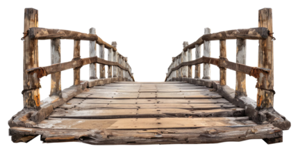old wooden foot bridge isolated on transparent white background, clipping path