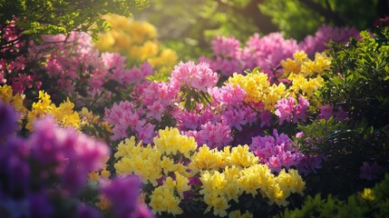 Obraz premium 40.A beautiful garden background showcasing a colorful array of flowers in full bloom, capturing the essence of spring. The flowers, in shades of pink, yellow, and purple, fill the frame, while lush