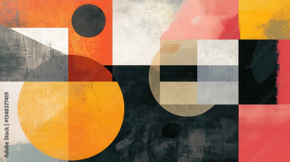 Poster abstract geometric composition with circles and squares in warm and cool tones