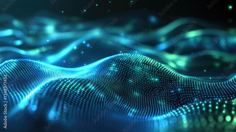 Poster futuristic blue and green digital light rays moving in waves, creating an abstract technology patter