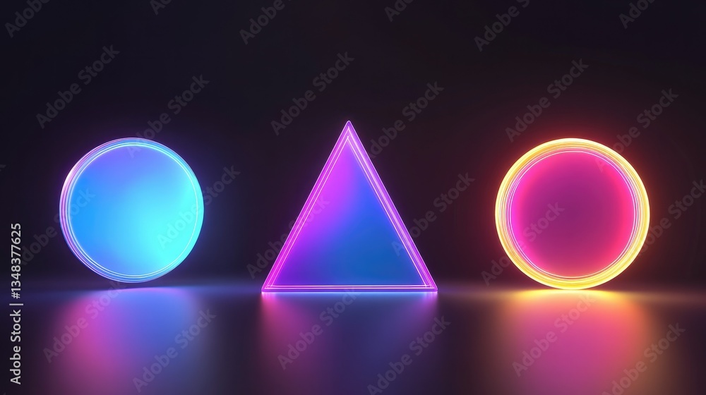 Poster glowing geometric shapes with soft gradients in a dark digital space, illuminated by subtle light ef