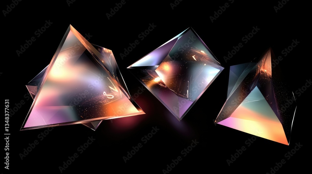 Poster glowing geometric shapes with soft gradients in a dark digital space, illuminated by subtle light ef