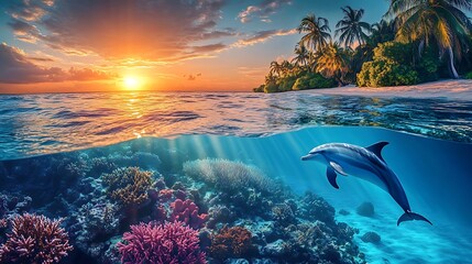 Naklejka premium Tropical sunset over ocean with a dolphin swimming near coral reef and palm island 