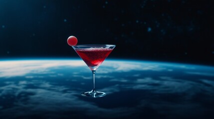 Majestic cocktail floating in space with vibrant colors and a cherry garnish above Earth’s horizon