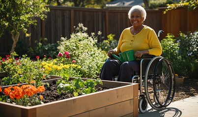 An elderly woman in a wheelchair is gardening in her own garden, growing vegetables and flowers in raised beds, gardening as an accessible and beneficial hobby, opportunities, and inclusivity, AI gen