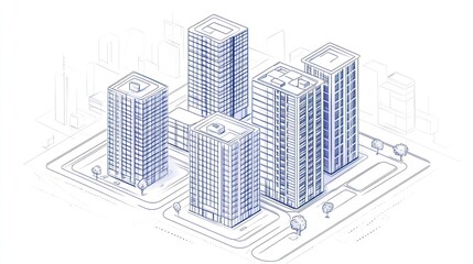 Isometric City Skyline Architectural Drawing