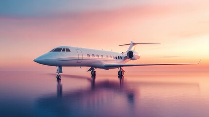 Obraz premium Modern private jet mockup with blank space on the side for logo placement, set against a soft gradient sky. Ideal for luxury travel or private airline branding