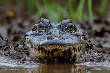 Obraz premium A close-up of an alligator with a watchful gaze. The image is one of the file types available in the depicted content management system