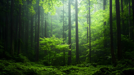 Dense Green Forest With Sunlight Filtering Through Tall Trees Creating Mystical Atmosphere