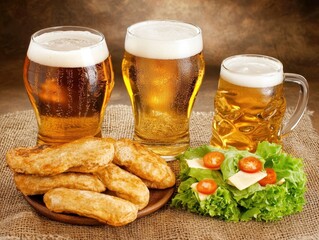 Three glasses of beer in varying sizes with a plate of golden-brown pastries and a fresh salad on a rustic burlap surface inviting induence.