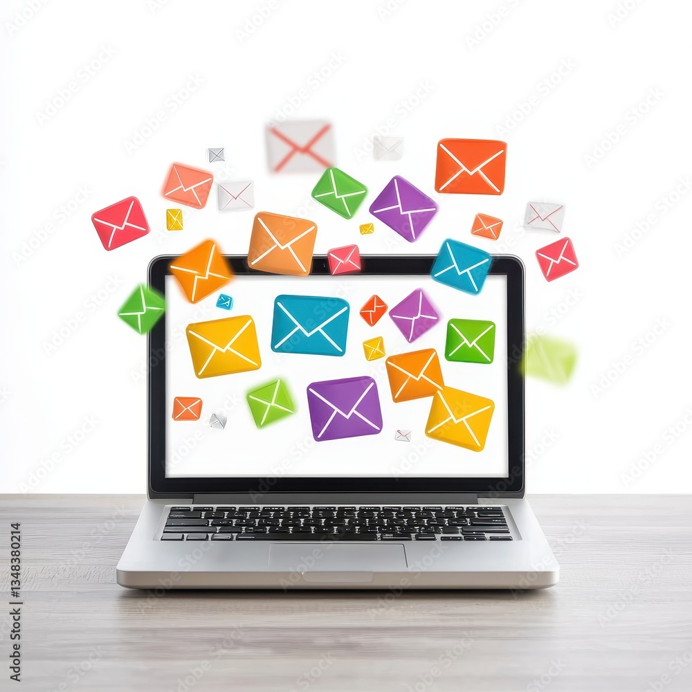 Poster a silver laptop on light wood surface with colorful email icons floating from the screen illustratin
