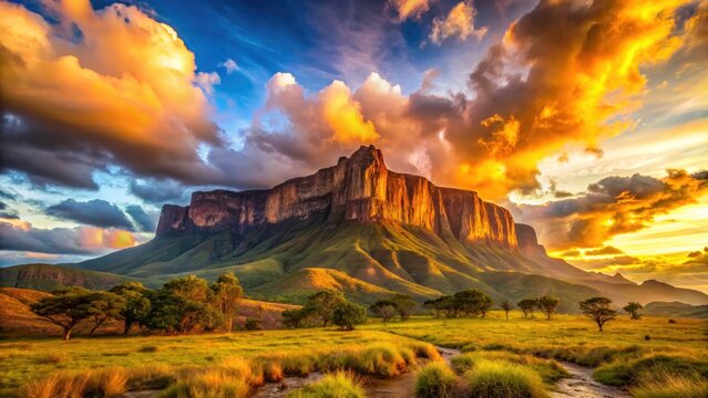 Roraima Tepui Sunset, Venezuela: Majestic Cloudscape Photography, Medium Shot, Golden Hour
