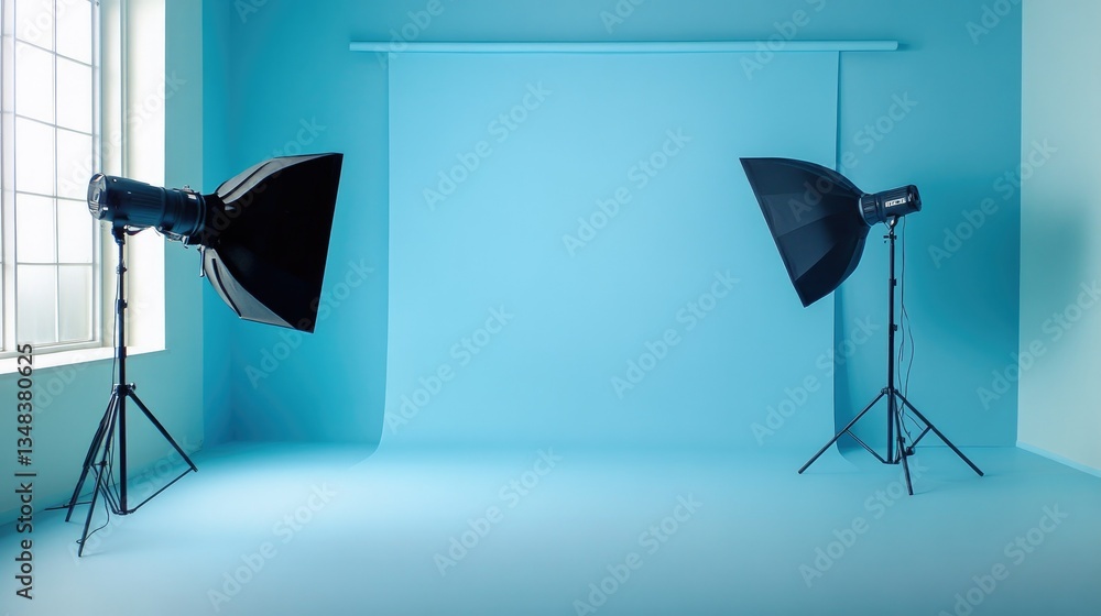 Poster soft blue gradient backdrop in an empty studio, perfect for clean product displays or product launch