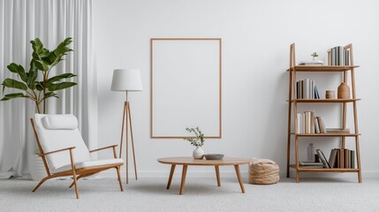 Modern Living Room Interior  Cozy Chair  Bookshelf  Lamp  Plant   Blank Wall