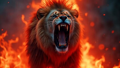 Fototapeta premium Roaring Lion in Fiery Inferno Dramatic Wildlife Image