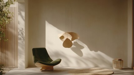 Modern minimalist living room with wooden pendant lights and comfy armchair, natural light